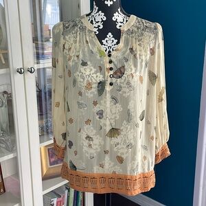 Anthropologie Floreat Raining Pouring Silk Top w/Hats, Umbrellas & Chairs Size 4